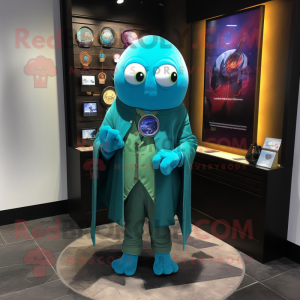 Turquoise Grenade mascot costume character dressed with a Blazer and Shawl pins