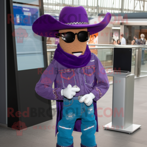 Purple Cowboy mascot costume character dressed with a Dungarees and Sunglasses