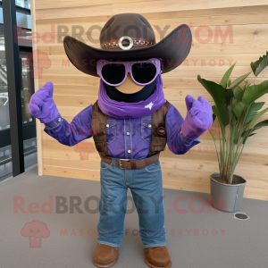 Purple Cowboy mascot costume character dressed with a Dungarees and Sunglasses