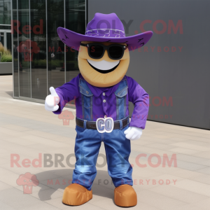 Purple Cowboy mascot costume character dressed with a Dungarees and Sunglasses
