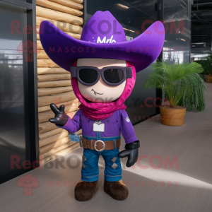 Purple Cowboy mascot costume character dressed with a Dungarees and Sunglasses