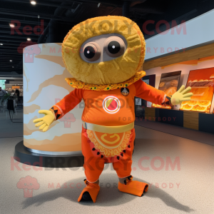 Orange Tacos mascot costume character dressed with a Rash Guard and Rings