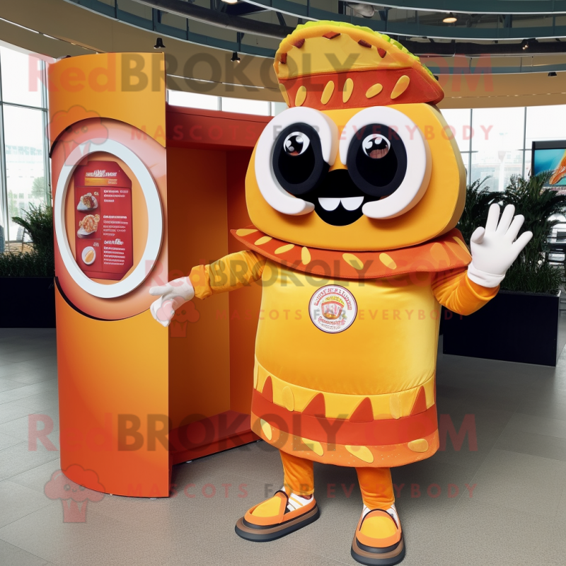 Orange Tacos mascot costume character dressed with a Rash Guard and Rings
