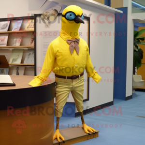 Lemon Yellow Passenger Pigeon mascot costume character dressed with a Flare Jeans and Ties