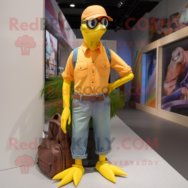 Lemon Yellow Passenger Pigeon mascot costume character dressed with a Flare Jeans and Ties