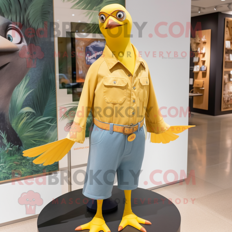 Lemon Yellow Passenger Pigeon mascot costume character dressed with a Flare Jeans and Ties Lemon Yellow Passenger Pigeon mascot costume character dressed with a Flare Jeans and Ties