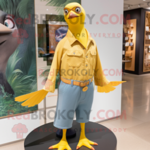 Lemon Yellow Passenger Pigeon mascot costume character dressed with a Flare Jeans and Ties