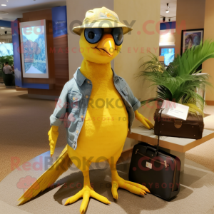 Lemon Yellow Passenger Pigeon mascot costume character dressed with a Flare Jeans and Ties