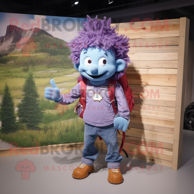 Lavender Goulash mascot costume character dressed with a Jeans and Backpacks Lavender Goulash mascot costume character dressed with a Jeans and Backpacks