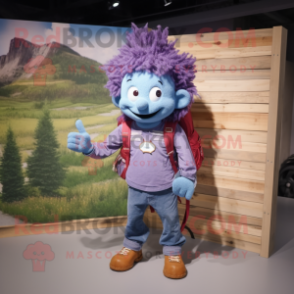 Lavender Goulash mascot costume character dressed with a Jeans and Backpacks