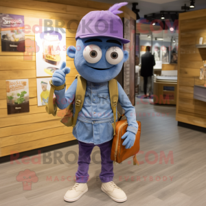 Lavender Goulash mascot costume character dressed with a Jeans and Backpacks