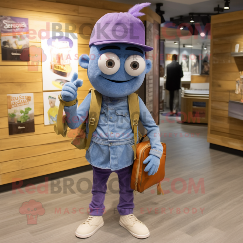 Lavender Goulash mascot costume character dressed with a Jeans and Backpacks