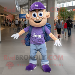 Lavender Goulash mascot costume character dressed with a Jeans and Backpacks