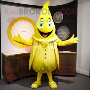 Lemon Yellow Magician mascot costume character dressed with a Suit Jacket and Mittens