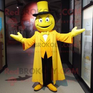 Lemon Yellow Magician mascot costume character dressed with a Suit Jacket and Mittens