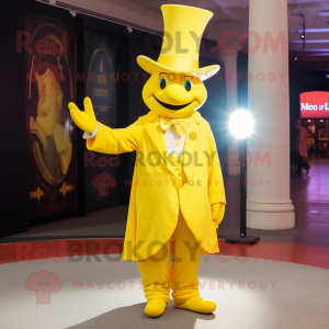 Lemon Yellow Magician mascot costume character dressed with a Suit Jacket and Mittens