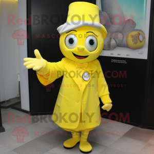 Lemon Yellow Magician mascot costume character dressed with a Suit Jacket and Mittens