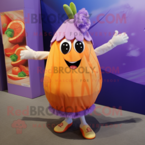 Lavender Mango mascot costume character dressed with a A-Line Skirt and Earrings