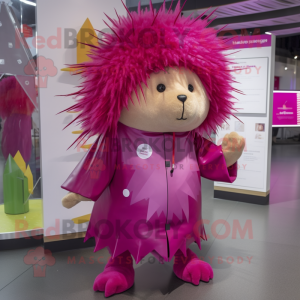 Magenta Porcupine mascot costume character dressed with a Raincoat and Caps
