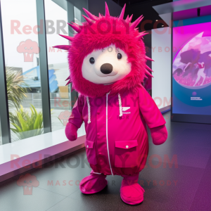 Magenta Porcupine mascot costume character dressed with a Raincoat and Caps