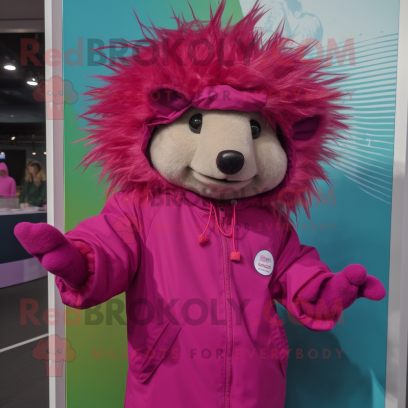 Magenta Porcupine mascot costume character dressed with a Raincoat and Caps Magenta Porcupine mascot costume character dressed with a Raincoat and Caps