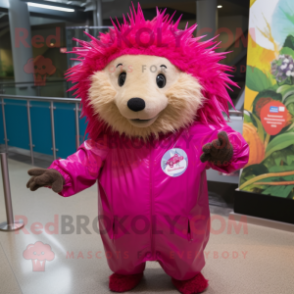 Magenta Porcupine mascot costume character dressed with a Raincoat and Caps