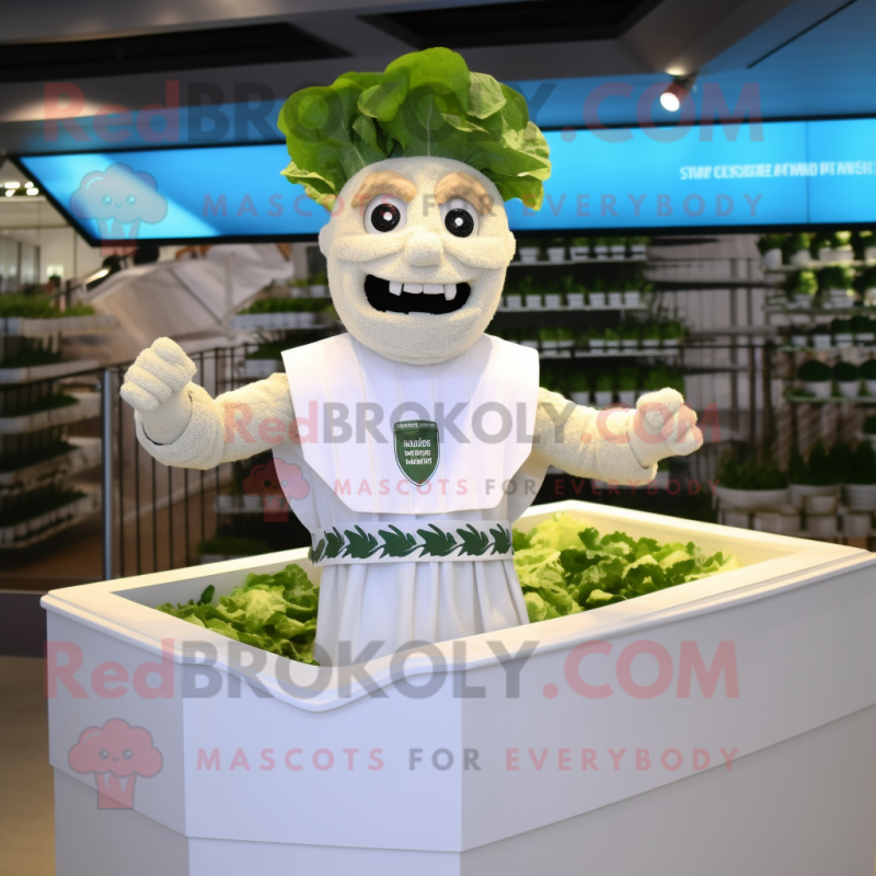 White Caesar Salad mascot costume character dressed with a Swimwear and Cufflinks White Caesar Salad mascot costume character dressed with a Swimwear and Cufflinks