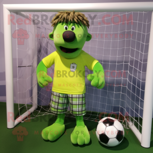 Lime Green Soccer Goal mascot costume character dressed with a Flannel Shirt and Tie pins