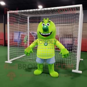 Lime Green Soccer Goal mascot costume character dressed with a Flannel Shirt and Tie pins