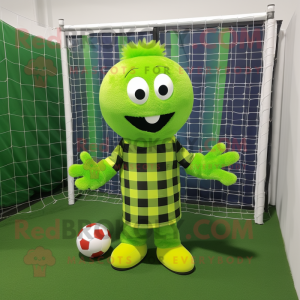 Lime Green Soccer Goal mascot costume character dressed with a Flannel Shirt and Tie pins