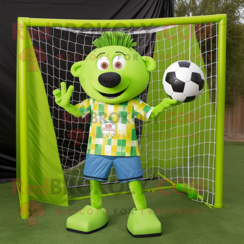 Lime Green Soccer Goal mascot costume character dressed with a Flannel Shirt and Tie pins Lime Green Soccer Goal mascot costume character dressed with a Flannel Shirt and Tie pins
