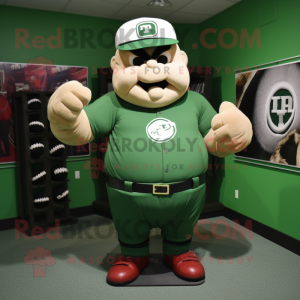 Forest Green Strongman mascot costume character dressed with a Baseball Tee and Rings