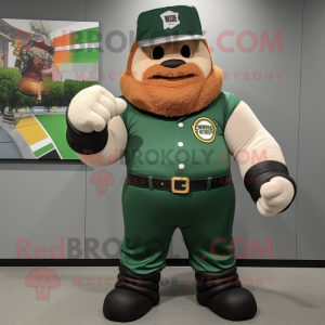 Forest Green Strongman mascot costume character dressed with a Baseball Tee and Rings