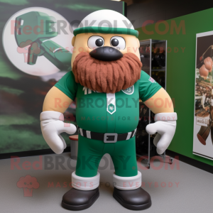 Forest Green Strongman mascot costume character dressed with a Baseball Tee and Rings