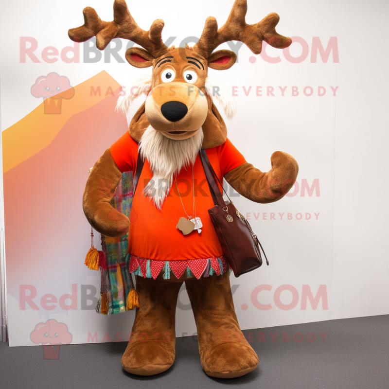 Rust Reindeer mascot costume character dressed with a Corduroy Pants and Handbags