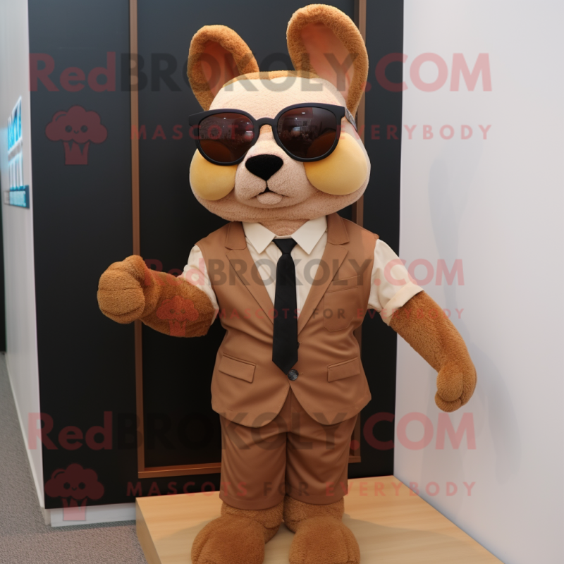 Brown Rabbit mascot costume character dressed with a Suit and Sunglasses