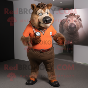 Rust Wild Boar mascot costume character dressed with a Chinos and Smartwatches