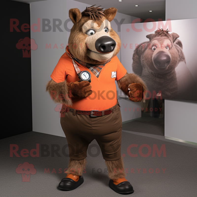 Rust Wild Boar mascot costume character dressed with a Chinos and Smartwatches Rust Wild Boar mascot costume character dressed with a Chinos and Smartwatches