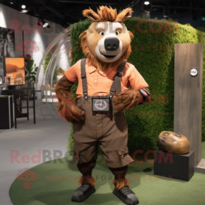 Rust Wild Boar mascot costume character dressed with a Chinos and Smartwatches