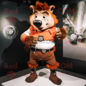 Rust Wild Boar mascot costume character dressed with a Chinos and Smartwatches