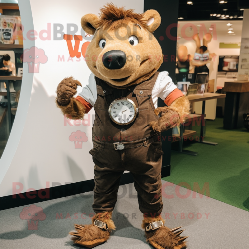 Rust Wild Boar mascot costume character dressed with a Chinos and Smartwatches