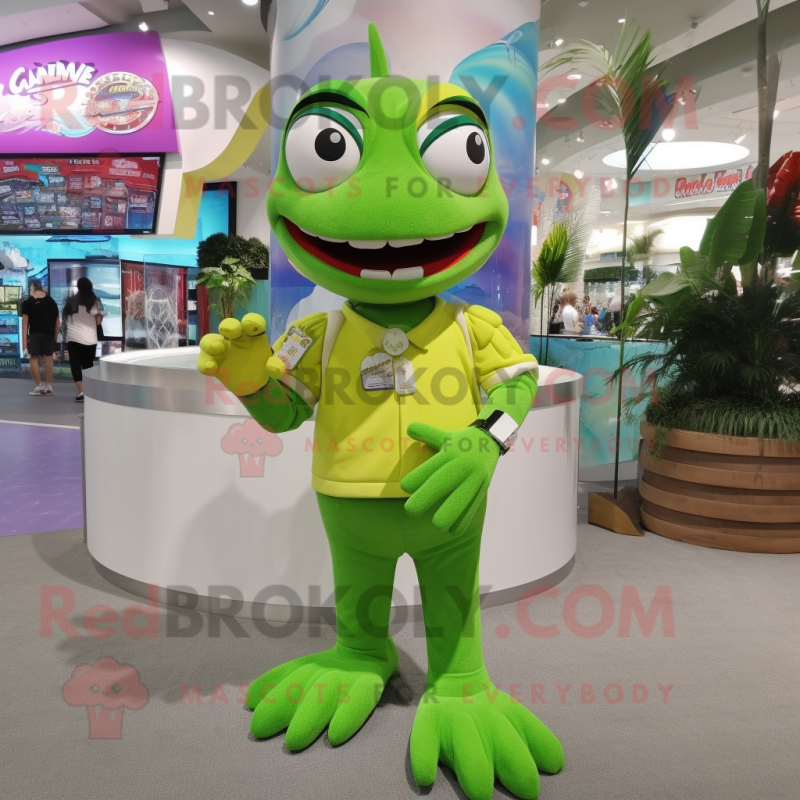 Lime Green Barracuda mascot costume character dressed with a Poplin Shirt and Bracelet watches