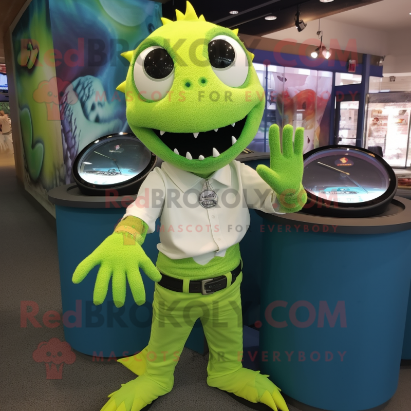 Lime Green Barracuda mascot costume character dressed with a Poplin Shirt and Bracelet watches