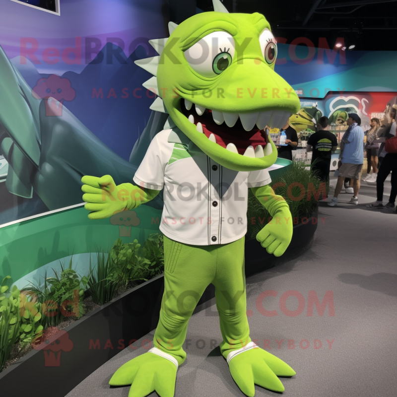 Lime Green Barracuda mascot costume character dressed with a Poplin Shirt and Bracelet watches