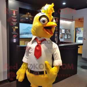 Gold Chicken mascot costume character dressed with a Button-Up Shirt and Scarf clips