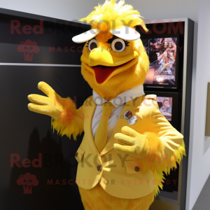 Gold Chicken mascot costume character dressed with a Button-Up Shirt and Scarf clips