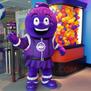 Purple Gumball Machine mascot costume character dressed with a Bomber Jacket and Shoe laces