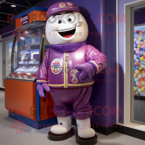 Purple Gumball Machine mascot costume character dressed with a Bomber Jacket and Shoe laces