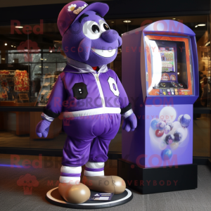 Purple Gumball Machine mascot costume character dressed with a Bomber Jacket and Shoe laces