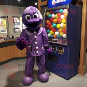 Purple Gumball Machine mascot costume character dressed with a Bomber Jacket and Shoe laces